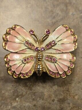Gold Tone Pink Butterfly Trinket Box with Pink Crystals